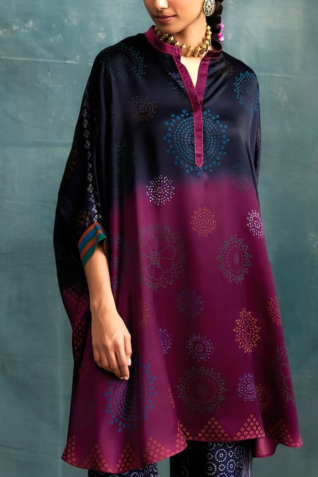 Krishna Mehta_Blue Tussar Mandarin Collar Bandhej Print Kaftan _Online_at_Aza_Fashions