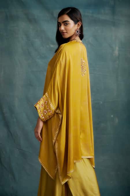Buy_Krishna Mehta_Yellow Modal Embroidery Split V-neck Floral Kaftan _Online_at_Aza_Fashions