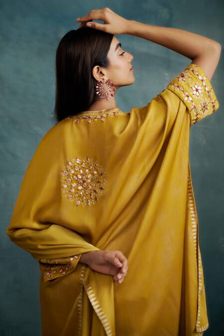 Krishna Mehta Yellow Modal Embroidered Gota Notched Floral Kaftan And Skirt Set Online at Aza Fashions Krishna Mehta_Yellow Modal Embroidered Gota Notched Floral Kaftan And Skirt Set _Online_at_Aza_Fashions