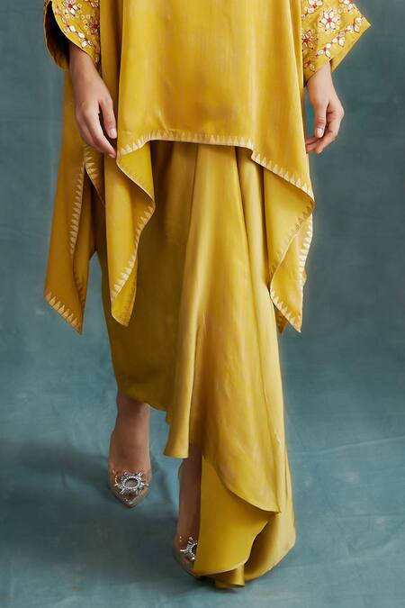 Buy Krishna Mehta Yellow Modal Embroidered Gota Notched Floral Kaftan And Skirt Set Online at Aza Fashions Buy_Krishna Mehta_Yellow Modal Embroidered Gota Notched Floral Kaftan And Skirt Set _Online_at_Aza_Fashions