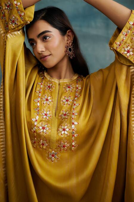 Shop Krishna Mehta Yellow Modal Embroidered Gota Notched Floral Kaftan And Skirt Set Online at Aza Fashions Shop_Krishna Mehta_Yellow Modal Embroidered Gota Notched Floral Kaftan And Skirt Set _Online_at_Aza_Fashions