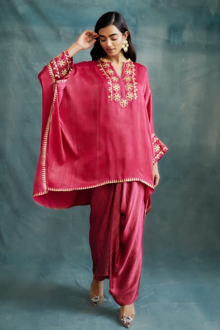 Krishna Mehta_Pink Modal Gota Patti Split V-neck Floral Embroidered Kaftan _Online_at_Aza_Fashions