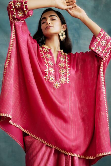 Shop_Krishna Mehta_Pink Modal Gota Patti Split V-neck Floral Embroidered Kaftan _Online_at_Aza_Fashions