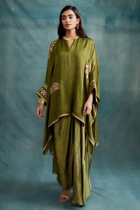 Buy_Krishna Mehta_Green Modal Gota Patti Split V-neck Floral Embroidered Kaftan And Draped Skirt Set _Online_at_Aza_Fashions