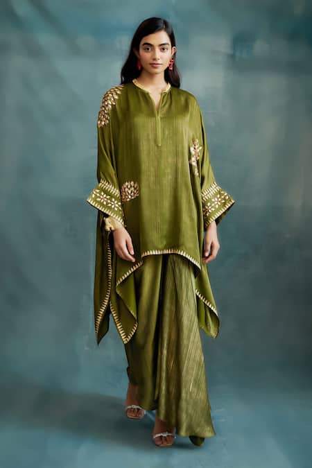 Krishna Mehta_Green Modal Gota Patti Split V-neck Floral Embroidered Kaftan And Draped Skirt Set _at_Aza_Fashions