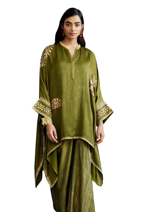 Shop_Krishna Mehta_Green Modal Gota Patti Split V-neck Floral Embroidered Kaftan And Draped Skirt Set 
