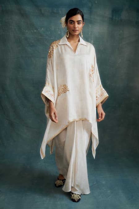 Krishna Mehta_Off White Modal Gota Patti Split V-neck Embroidered Kaftan _Online_at_Aza_Fashions