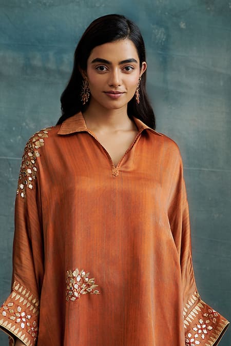 Krishna Mehta_Orange Modal Gota Patti Split V-neck Embroidered Kaftan _Online_at_Aza_Fashions