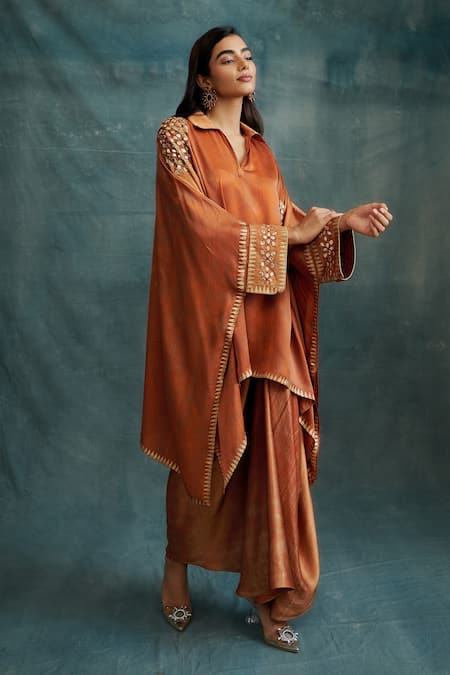 Shop_Krishna Mehta_Orange Modal Gota Patti Split V-neck Embroidered Kaftan _Online_at_Aza_Fashions