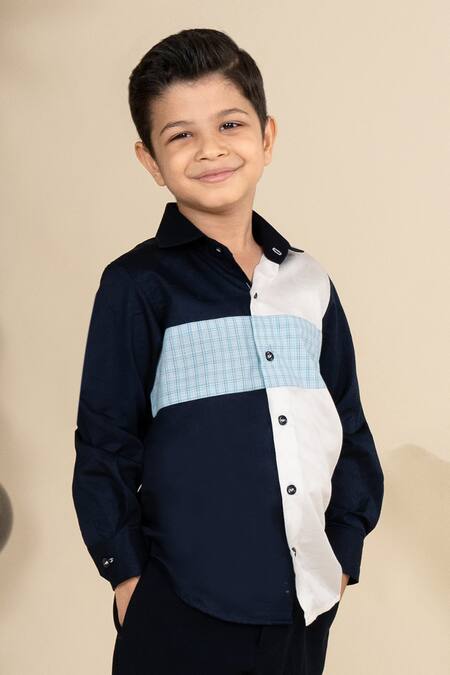 Buy Little Boys Closet Blue Cotton Satin Colorblock Shirt Online at Aza Fashions Buy_Little Boys Closet_Blue Cotton Satin Colorblock Shirt_Online_at_Aza_Fashions