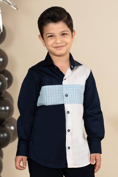 Shop Little Boys Closet Blue Cotton Satin Colorblock Shirt Online at Aza Fashions Shop_Little Boys Closet_Blue Cotton Satin Colorblock Shirt_Online_at_Aza_Fashions