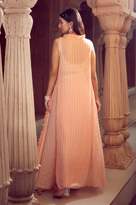 Aariyana Couture_Peach Viscose, Modal, Satin Embroidery Open Neck, Jacket And Draped Skirt Set _Online_at_Aza_Fashions