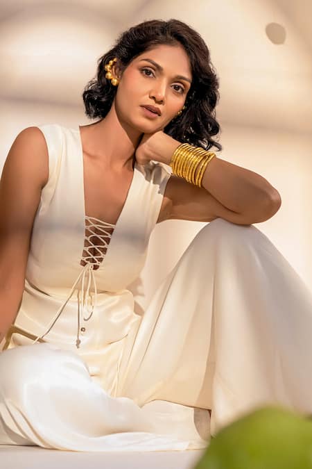 Shop_Amrood_Off White Satin Beads, Solid Front Tie Up Jumpsuit With Embroidered Jacket _Online_at_Aza_Fashions