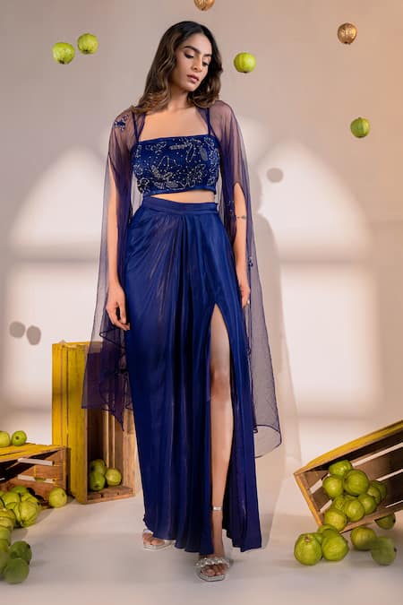 Amrood Blue Satin Embroidery Beads Square Neck Florin Cape And Draped Skirt Set 