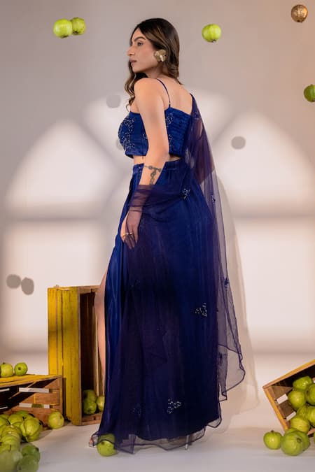 Shop Amrood Blue Satin Sequins, Beads Square Neck Florin Embroidered Cape And Draped Skirt Set at Aza Fashions Shop_Amrood_Blue Satin Sequins, Beads Square Neck Florin Embroidered Cape And Draped Skirt Set _at_Aza_Fashions