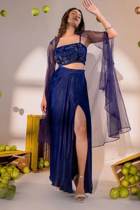 Buy Amrood Blue Satin Sequins, Beads Square Neck Florin Embroidered Cape And Draped Skirt Set Buy_Amrood_Blue Satin Sequins, Beads Square Neck Florin Embroidered Cape And Draped Skirt Set