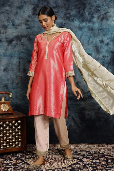 Musal_Pink Silk, Tissue Lace, Sequins, Gulab Ghazal Embroidered Kurta And Salwar Set _Online_at_Aza_Fashions