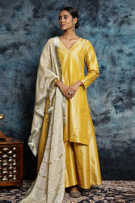 Musal Haldi Haazari Banarasi Silk Embroidered Kurta & Palazzo Set 