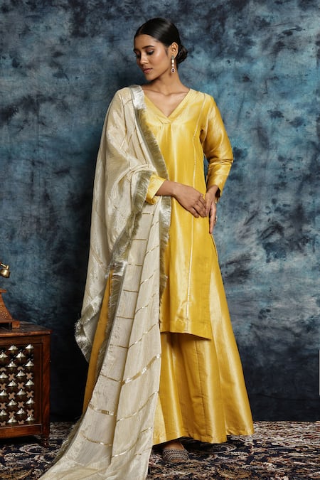 Shop_Musal_Yellow Silk, Tissue, Haldi Haazari Banarasi Embroidered Kurta And Palazzo Set _Online_at_Aza_Fashions