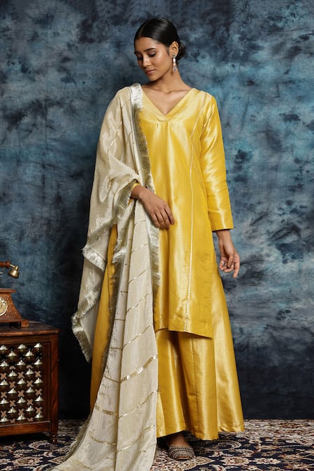 Musal_Yellow Silk, Tissue, Haldi Haazari Banarasi Embroidered Kurta And Palazzo Set _at_Aza_Fashions