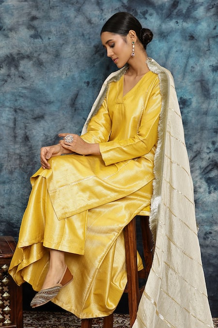 Shop_Musal_Yellow Silk, Tissue, Haldi Haazari Banarasi Embroidered Kurta And Palazzo Set 