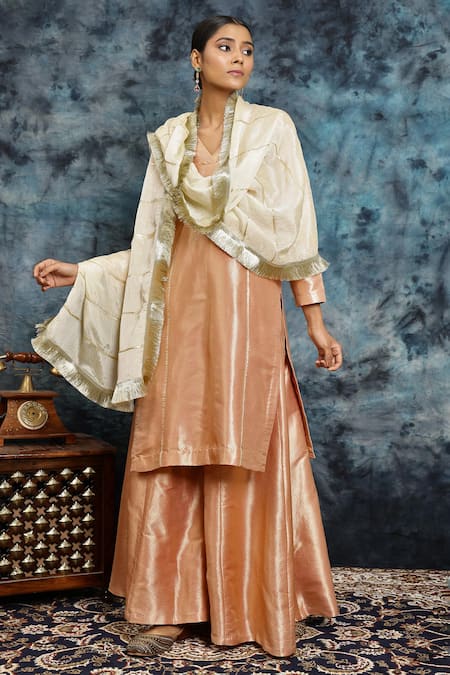 Shop_Musal_Pink Silk Gota Patti, Pehli Rasam Banarasi Embroidered Kurta And Palazzo Set _Online_at_Aza_Fashions