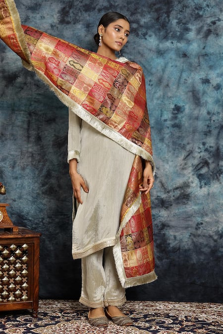 Buy_Musal_Multi Color Silk Fringe Anokhi Sham Banarasi Dupatta_Online_at_Aza_Fashions