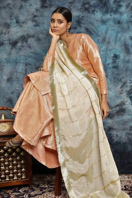 Shop_Musal_Gold Crushed Tissue Embroidery Fringe Gote Vala Lace Dupatta_at_Aza_Fashions