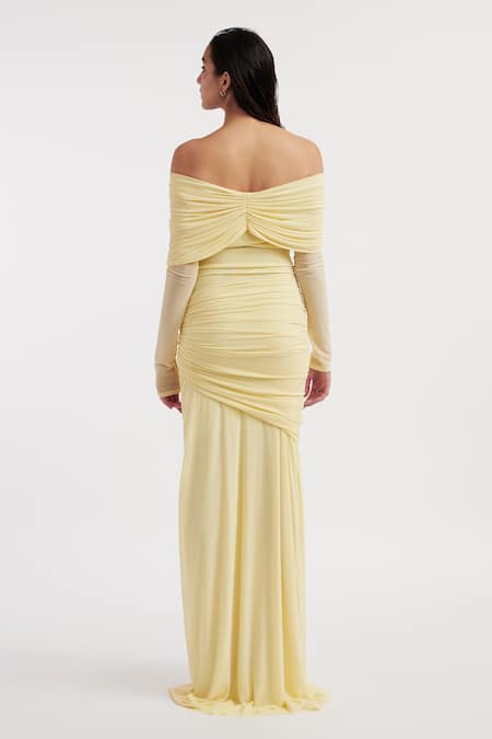 Shop_Deme By Gabriella_Yellow Net, Lycra Off-shoulder Heloise Solid Off Dress _at_Aza_Fashions