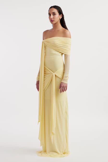 Deme By Gabriella_Yellow Net, Lycra Off-shoulder Heloise Solid Off Dress _Online_at_Aza_Fashions