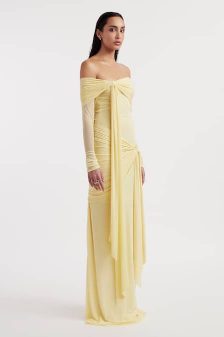 Buy_Deme By Gabriella_Yellow Net, Lycra Off-shoulder Heloise Solid Off Dress _Online_at_Aza_Fashions