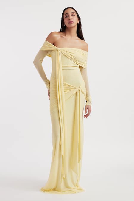 Shop_Deme By Gabriella_Yellow Net, Lycra Off-shoulder Heloise Solid Off Dress _Online_at_Aza_Fashions