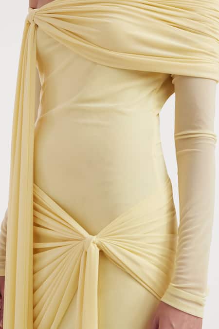 Buy_Deme By Gabriella_Yellow Net, Lycra Off-shoulder Heloise Solid Off Dress 