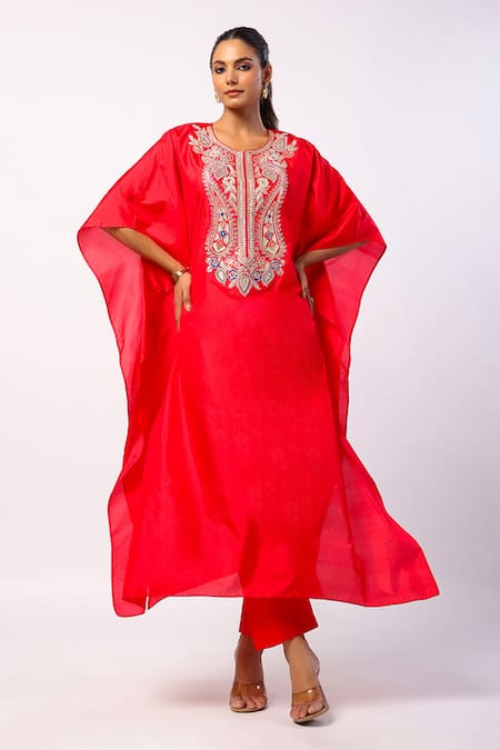 Swati Vijaivargie Red Silk Embroidered Resham Round Kaftan And Pant Set 