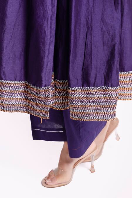 Bihart_Purple Chanderi, Cotton, Kota Doria Tarangani Sujani Angarkha Anarkali Set _Online_at_Aza_Fashions