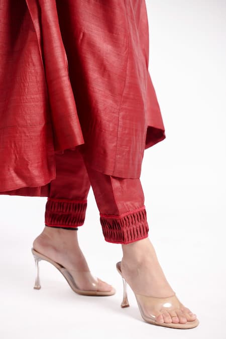 Bihart_Maroon Silk Embroidery Round Neck Raangsaaz Kaaj Stitch Anarkali Set _Online_at_Aza_Fashions