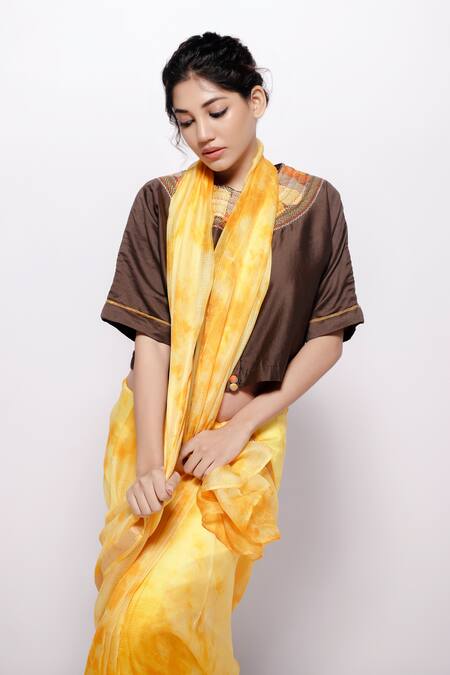 Buy_Bihart_Yellow Kota Doria, Chanderi, Raangsaaz Tie Dye Saree With Sujani Work Crop Top _Online_at_Aza_Fashions