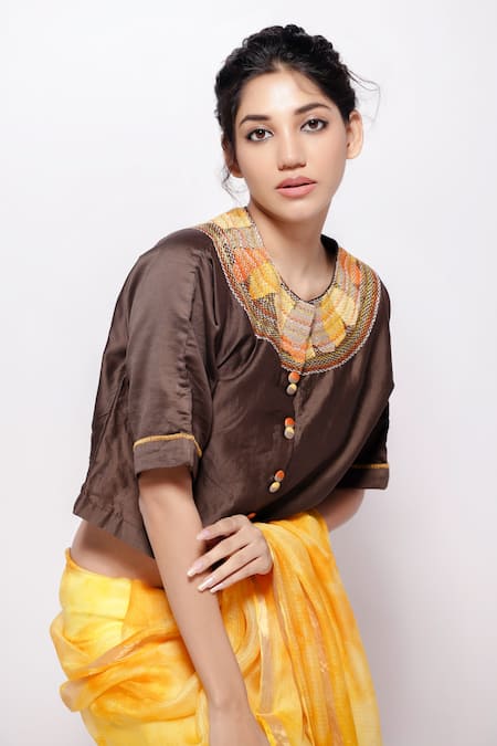 Shop_Bihart_Yellow Kota Doria, Chanderi, Raangsaaz Tie Dye Saree With Sujani Work Crop Top _Online_at_Aza_Fashions