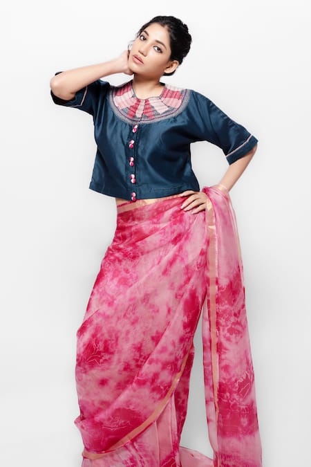 Bihart Raangsaaz Kota Doria Silk Tie Dye Saree With Sujani Work Crop Top 