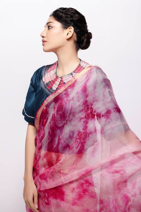 Bihart_Pink Kota Doria, Raangsaaz Silk Tie Dye Saree With Sujani Work Crop Top _Online_at_Aza_Fashions