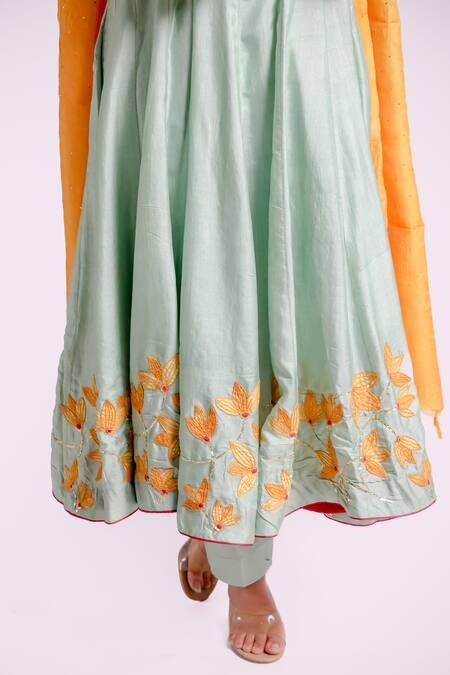 Bihart Green Cotton, Silk Embroidery Round Neck Ibadatgah Applique Anarkali Pant Set Online at Aza Fashions Bihart_Green Cotton, Silk Embroidery Round Neck Ibadatgah Applique Anarkali Pant Set _Online_at_Aza_Fashions