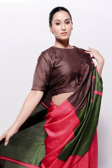 Bihart_Pink Silk Round Neck Rangsaaz Color Block Saree With Blouse _Online_at_Aza_Fashions
