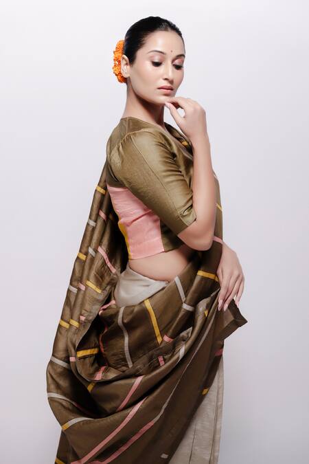 Bihart_Green Silk Embroidery V-neck Rangsaaz Contrast Stripe Pattern Saree With Blouse _Online_at_Aza_Fashions