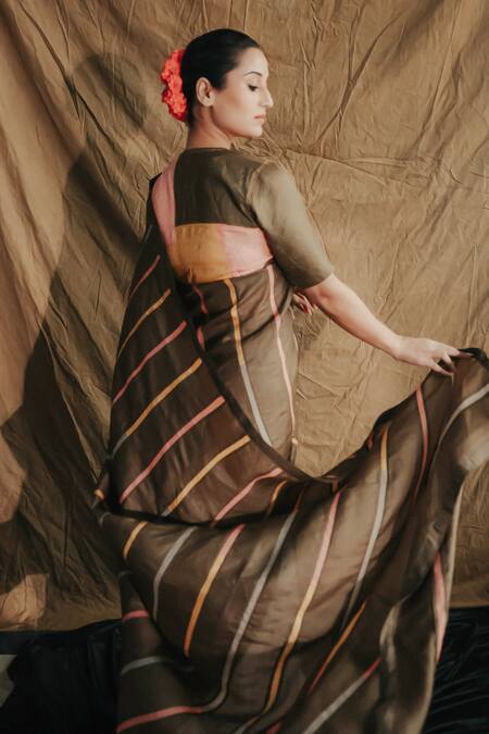 Shop_Bihart_Green Silk Embroidery V-neck Rangsaaz Contrast Stripe Pattern Saree With Blouse _Online_at_Aza_Fashions