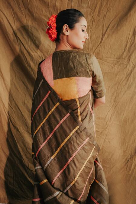 Bihart_Green Silk Embroidery V-neck Rangsaaz Contrast Stripe Pattern Saree With Blouse _at_Aza_Fashions