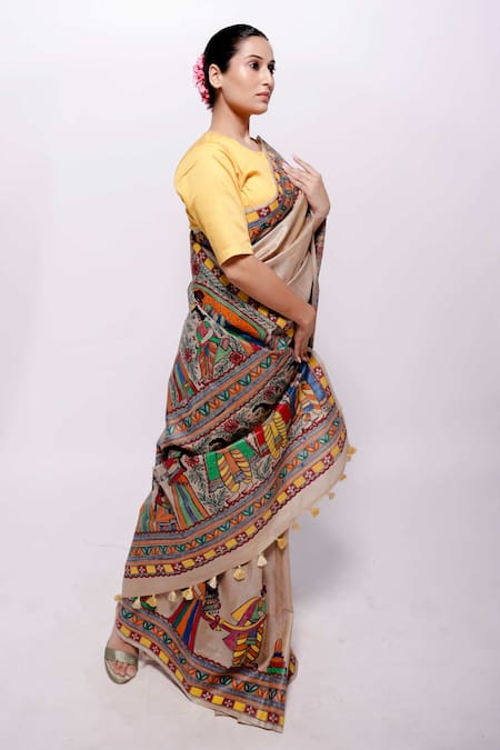 Bihart_Beige Silk Ibadatgah Hand Painted Saree With Unstitched Blouse Piece _Online_at_Aza_Fashions