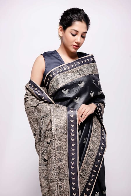 Bihart Black Silk Sequins Ibadatgah Madhubani Saree With Unstitched Blouse Piece Online at Aza Fashions Bihart_Black Silk Sequins Ibadatgah Madhubani Saree With Unstitched Blouse Piece _Online_at_Aza_Fashions