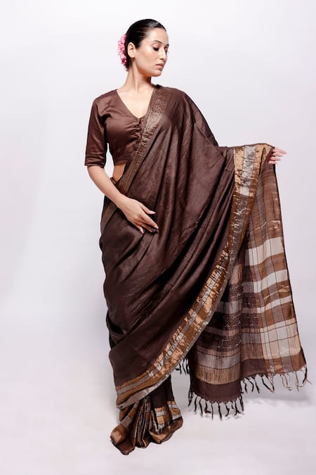 Bihart Brown Wild Silk Embroidery Tarangini Woven Saree With Unstitched Blouse Piece 