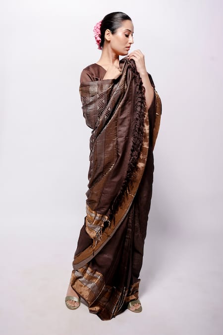 Bihart_Brown Silk Tassels Tarangini Woven Saree With Unstitched Blouse Piece _Online_at_Aza_Fashions