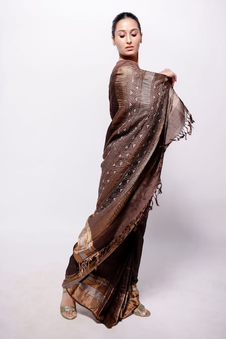 Buy_Bihart_Brown Silk Tassels Tarangini Woven Saree With Unstitched Blouse Piece _Online_at_Aza_Fashions